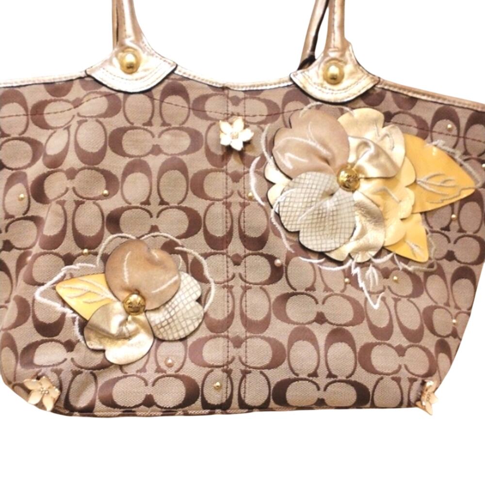 COACH Monogram Canvas Shoulder Bag Purse Large 16x9 GOLD Leather Flowers Handles - Picture 10 of 16